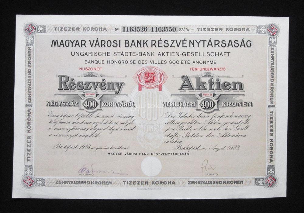 Magyar Városi Bank részvény 25x400 korona 1923 augusztus